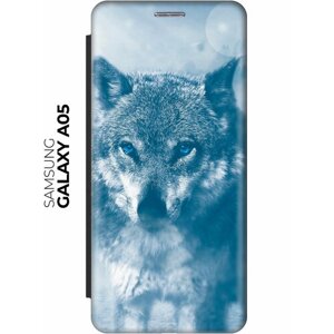 Чехол-книжка на Samsung Galaxy A05 / Самсунг А05 с рисунком "Голубоглазый волк" черный