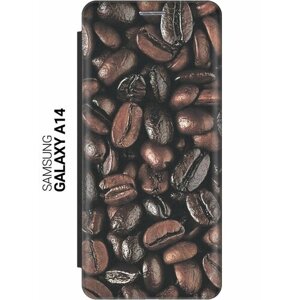 Чехол-книжка на Samsung Galaxy A14, Самсунг А14 c принтом "Зерна кофе" черный