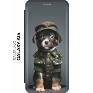 Чехол-книжка на Samsung Galaxy A14 / Самсунг А14 с рисунком "Щенок-военный" черный