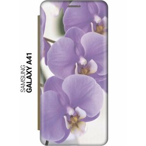Чехол-книжка на Samsung Galaxy A41, Самсунг А41 с 3D принтом "Сиреневые орхидеи" золотой