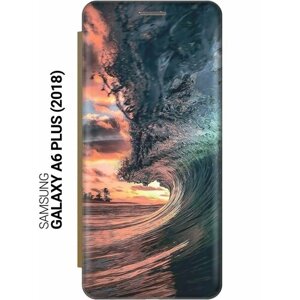 Чехол-книжка на Samsung Galaxy A6+2018), Самсунг А6 Плюс 2018 c принтом "Волна на закате" золотистый
