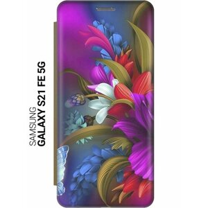 Чехол-книжка на Samsung Galaxy S21 FE 5G, Самсунг С21 ФЕ с 3D принтом "Фантастические цветы" золотой