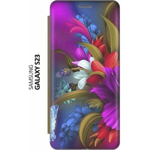 Чехол-книжка на Samsung Galaxy S23, Самсунг С23 c принтом "Фантастические цветы" золотистый