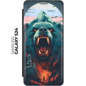 Чехол-книжка на Samsung Galaxy S24 / Самсунг С24 с рисунком "Медведь и флаг России" черный