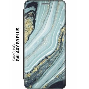 Чехол-книжка на Samsung Galaxy S9+Самсунг С9 Плюс с 3D принтом "Зеленый мрамор" черный