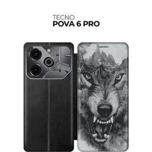 Чехол-книжка на Tecno Pova 6 Pro с принтом "Волк в горах" черный