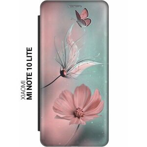 Чехол-книжка на Xiaomi Mi Note 10 Lite, Сяоми Ми Ноут 10 Лайт c принтом "Бабочка и цветы" черный