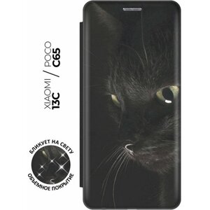 Чехол-книжка на Xiaomi Redmi 13C / Poco C65 / Сяоми Редми 13С / Поко С65 с рисунком "Черный кот" черный