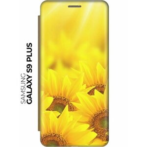 Чехол-книжка Подсолнухи на Samsung Galaxy S9+Самсунг С9 Плюс золотой
