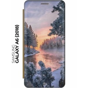 Чехол-книжка Река в заснеженном лесу на Samsung Galaxy A6 (2018) / Самсунг А6 2018 золотой