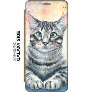 Чехол-книжка Ушастый котик на Samsung Galaxy S10e / Самсунг С10е золотой