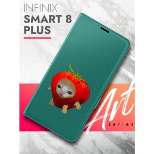 Чехол на Infinix Smart 8 Plus (Инфиникс Смарт 8 плюс) зеленый опал книжка эко-кожа с функцией подставки Book Case, Brozo (принт) Котик в Клубнике