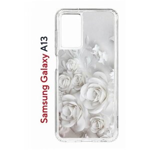 Чехол на Samsung A13 Kruche Print White roses, защитный силиконовый бампер с рисунком, противоударный пластиковый кейс, накладка с принтом