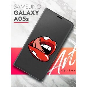 Чехол на Samsung Galaxy A05s (Самсунг Галакси А05с) черный книжка эко-кожа подставка отделение для карт магнит Book case, Brozo (принт) Губы