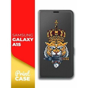 Чехол на Samsung Galaxy A15 (Самсунг Галакси А15) черный книжка эко-кожа подставка отделение для карт магнит Book case, Miuko (принт) Тигр в короне