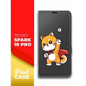 Чехол на Tecno Spark 10 Pro (Техно Спарк 10 Про) черный книжка эко-кожа отделение для карт и магнитами Book case, Miuko (принт) Котик Супермэн