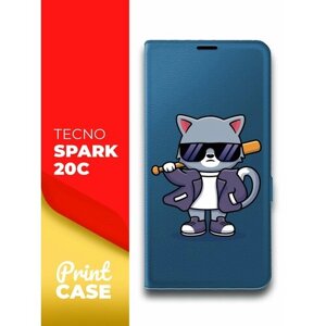 Чехол на Tecno Spark 20C (Техно Спарк 20С) синий книжка эко-кожа подставка отделением для карт и магнитами Book Case, Miuko (принт) Котик с Битой