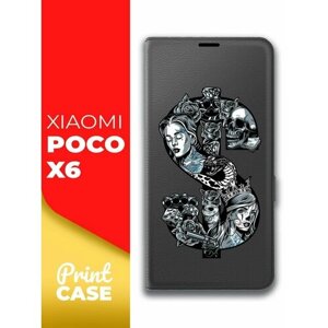 Чехол на Xiaomi POCO X6 (Ксиоми поко Х6) черный книжка эко-кожа подставка отделением для карт и магнитами Book case, Miuko (принт) Доллар тату