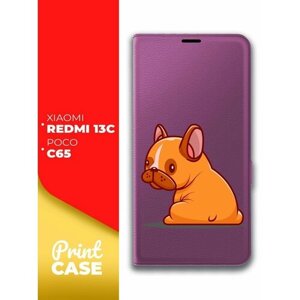 Чехол на Xiaomi Redmi 13C, POCO C65 (Ксиоми Редми 13С, Поко С65) фиолетовый книжка эко-кожа отделение для карт магнит Book case, Miuko (принт) Бульдог