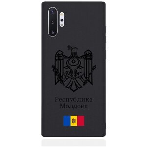 Черный силиконовый чехол для Samsung Galaxy Note 10+ Черный лаковый Герб Республики Молдова/ Герб Молдавии