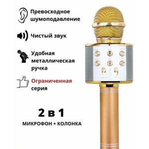 Детский беспроводной караоке микрофон с колонкой WS-858 золотой цвет.