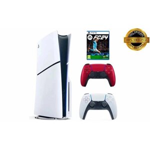 Игровая приставка Sony PlayStation 5 Slim, с дисководом, 1 ТБ, два геймпада (белый и красный), Fifa 24