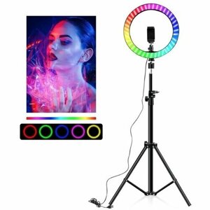 Кольцевая светодиодная лампа цветная (мультиколор) RGB MJ33 33 см с держателем для смартфона и штативом 2.1 метра