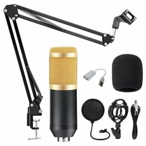 Конденсаторный микрофон BM-800 (в комплекте USB звуковой адаптер, пантограф, поп-фильтр, ветрозащита, два держателя для микрофона), черно-золотистый