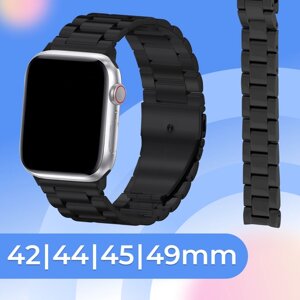 Металлический ремешок для часов Apple Watch 42-44-45-49 mm / Сменный блочный стальной ремешок на смарт часы Эпл Вотч 1-9, SE, Ultra серии / Черный