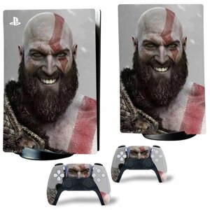 Наклейка виниловая защитная на игровую консоль Sony PlayStation 5 Disc Edition, Кратос, полный комплект с геймпадами