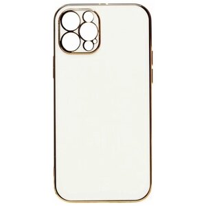 Однотонный силиконовый чехол для Apple iPhone 12 Pro / Накладка на Айфон с защитой камеры и золотистой рамкой, цвет белый