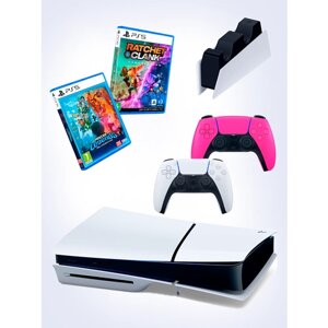 PS5 (ПC5) Игровая приставка Sony PlayStation 5 Slim disc + 2-й геймпад (розовый) + зарядное + игра Minecraft+ игра Ratchet Clank