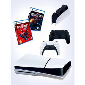 PS5 (ПС5) Игровая приставка Sony PlayStation 5 Slim disc +2-й геймпад (черный) +зарядное + игра Spider-Man2 + игра Marvel Человек паук