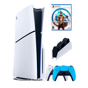 PS5 (ПС5) Игровая приставка Sony PlayStation 5 Slim disc + 2-й геймпад (голубой) + зарядное + игра Mortal Kombat