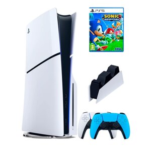PS5 (ПС5) Игровая приставка Sony PlayStation 5 Slim disc + 2-й геймпад (голубой) + зарядное + игра SonicSS