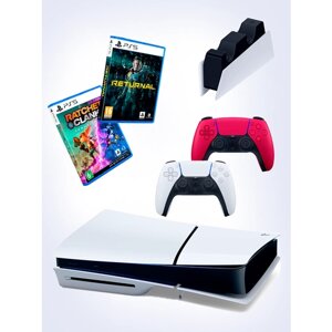 PS5 (ПС5) Игровая приставка Sony PlayStation 5 Slim disc + 2-й геймпад (красный) + зарядное + игра Ratchet Clank+ игра Returnal