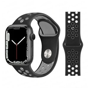 Ремешок силиконовый перфорированный Sport NK для Apple Watch 38/40/41 мм, на кнопке, черный+серый (1)