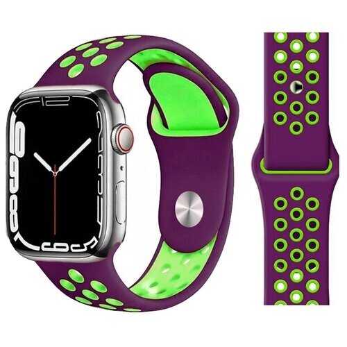 Ремешок силиконовый перфорированный Sport NK для Apple Watch 42/44/45/49 мм, на кнопке, фиолетовый+зеленый (15)