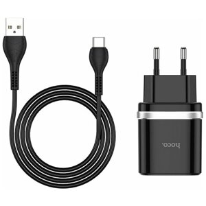 Сетевая зарядка HOCO C12Q Smart + кабель USB Type-C, черный
