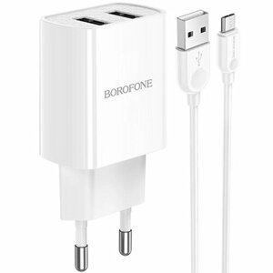 Сетевой адаптер питания Borofone BA53A Powerway White зарядка 2.1А 2 USB-порта + кабель Micro USB, белый
