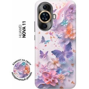 Силиконовый чехол на Huawei nova 11 с принтом "Фиолетовые бабочки и бумажные цветы"