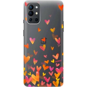 Силиконовый чехол на OnePlus 9R / ВанПлюс 9Р с 3D принтом "Flying Hearts" прозрачный