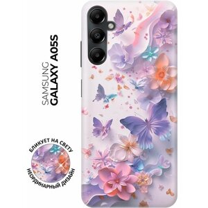 Силиконовый чехол на Samsung Galaxy A05s с принтом "Фиолетовые бабочки и бумажные цветы"