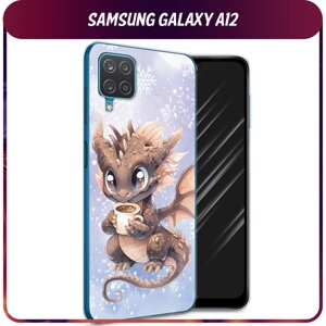 Силиконовый чехол на Samsung Galaxy A12/M12 / Самсунг Галакси А12 "Дракончик с кружкой тёмный"