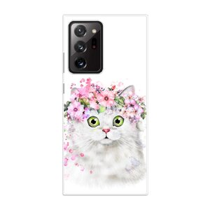 Силиконовый чехол на Samsung Galaxy Note 20 Ultra / Самсунг Галакси Ноте 20 Ультра "Белая кошка с цветами"