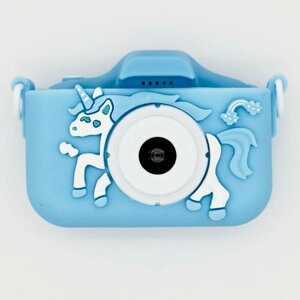 Ударопрочный детский фотоаппарат 1080p Full-HD высокого качества со встроенной памятью цифровая камера с 3 играми и селфи, Единорог голубой
