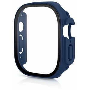 Защитный пластиковый чехол со стеклом (кейс) Apple Watch Series Ultra (Эпл Вотч ультра) 49 мм для экрана/дисплея и корпуса противоударный бампер синий