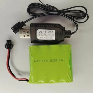 Аккумулятор АКБ батарейка АА 4.8V 2000 mAh разъем SM-2P с проводом зарядки USB для игрушек на радиоуправлении