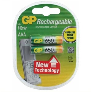 Аккумулятор GP Rechargeable 65AAAHC-2DECRC2, Ni-MH, типоразмер ААА, 650 мАч, 1,2 В, 2 шт