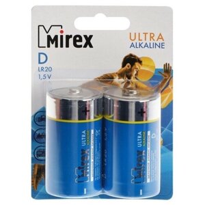 Батарейка алкалиновая Mirex, D, LR20-2BL, 1.5В, блистер, 2 шт.